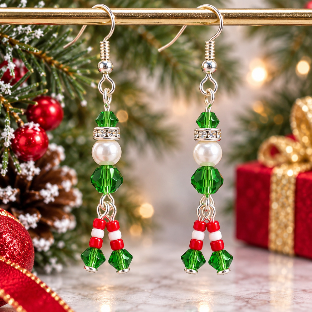 Handmade Christmas Elf Red Green White Beaded Dangle Earrings #C51